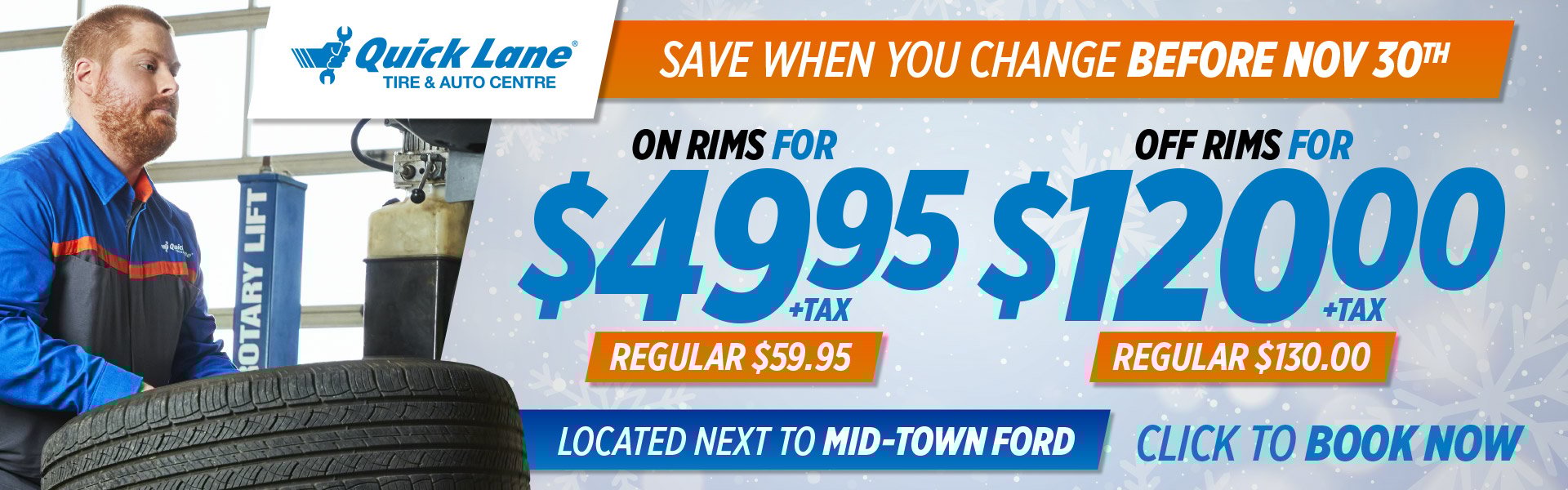 Winter tire service promotion from Quick Lane Tire & Auto Centre showing prices of $49.95 for on-rims and $149.95 for off-rims, both with a free alignment check. Includes a $500 Costco gift card giveaway and a deadline of November 30.
